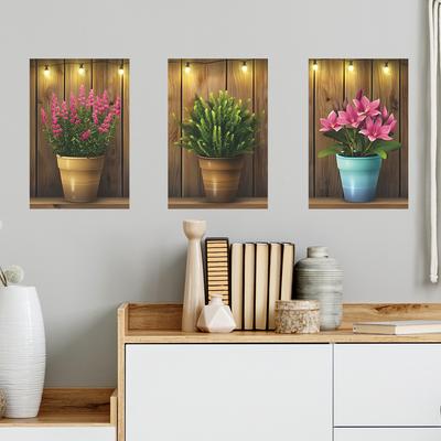 Fun-f173 Green Plant Flower Pot Triptych Bedroom Living Room Porch Home Beautification Wall Sticker