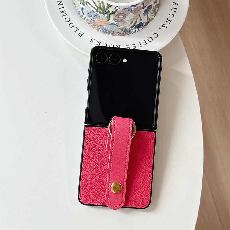 Applicable To Samsung Zflip6 Folding Leather Phone Case Findn3Flip Wristband Flip Xflip Solid Color Hard Case