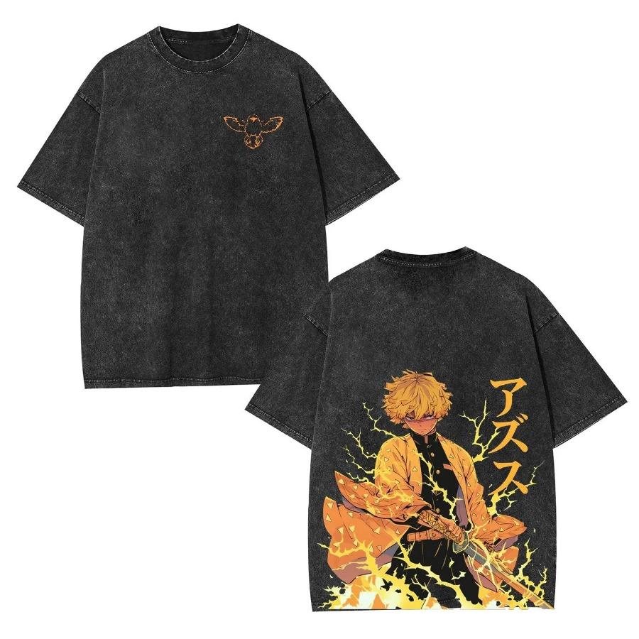 Harajuku Anime 'Demon Slayer' Washed T-Shirt Men's Summer Retro Short Sleeve Casual Printed Tee