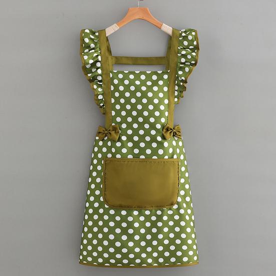 Twill Cotton Apron with Polka Dot & Ruffle Straps Water-Resistant Kitchen Apron for Cooking Baking Breathable Large Front Pocket Home Apron