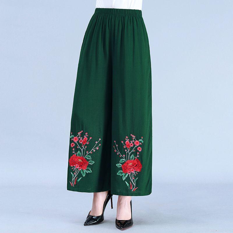 Women's Summer Cotton and Hemp Wide Leg Pants, Women's Large Embroidered Nine Cent Pants
