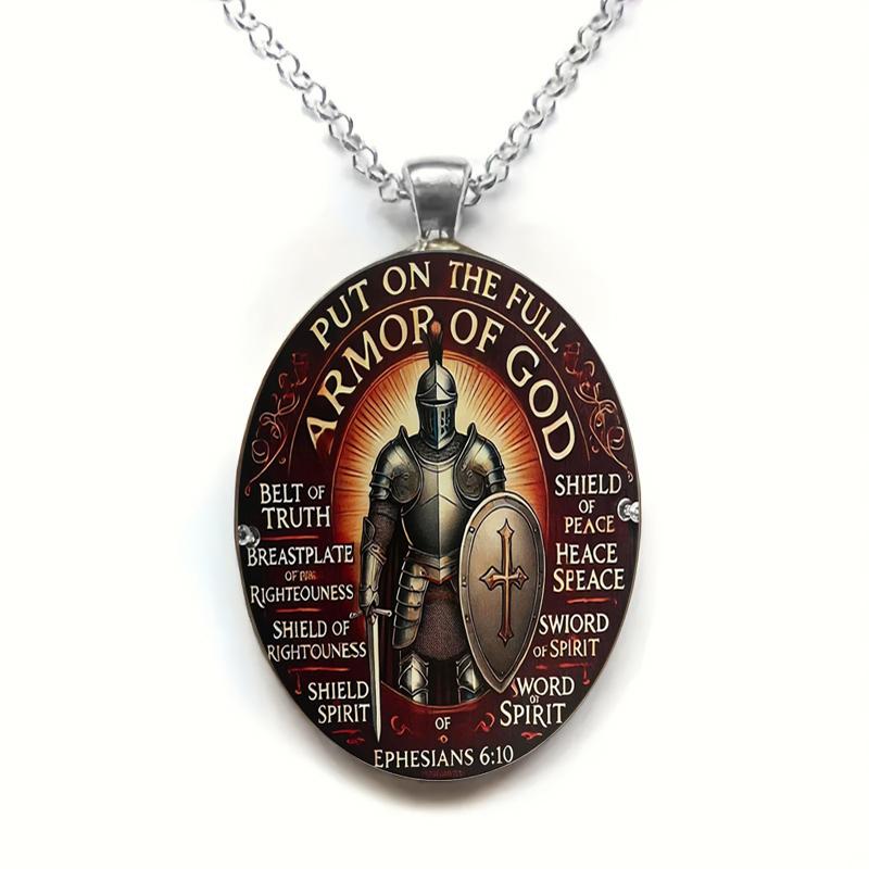 A vintage Christian Ephesians 6:10 pendant necklace featuring God fully armed, made of time-worn gemstone glass, suitable for both men and women.