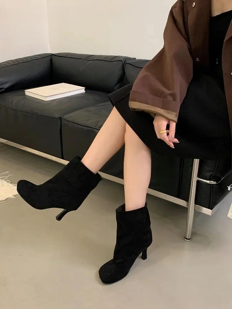 Fashion Shoes for Women Street Style Black Ankle Boots Autumn Thin Heels Shoes Women Winter Concise Chelsea Short Botas Mujer