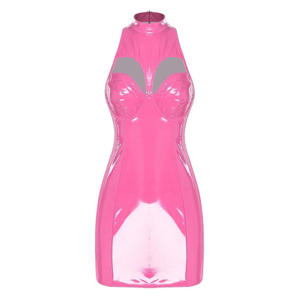 Damska sukienka Bodycon z PU Błyszczący Efekt Mini z Wysokim Dekoltem Bez Rękawów Wycięcia Sukienka Tubowa na Imprezę