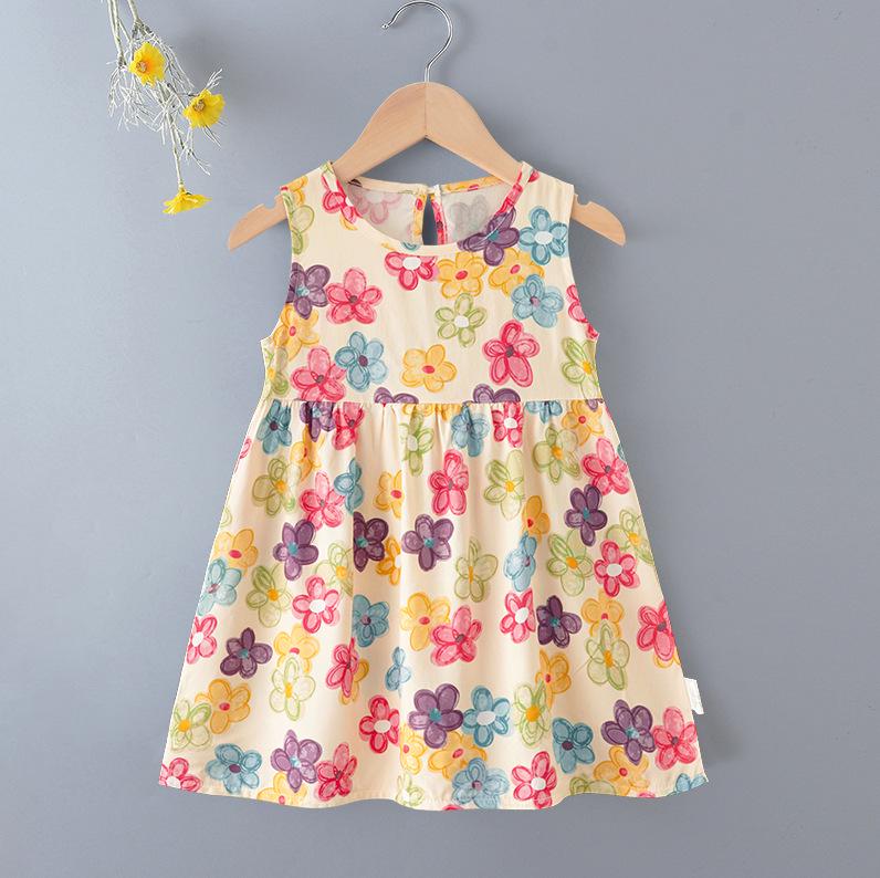 Girls' Floral Summer Princess Beach Dress, Cotton Silk Tank, A-line Skirt