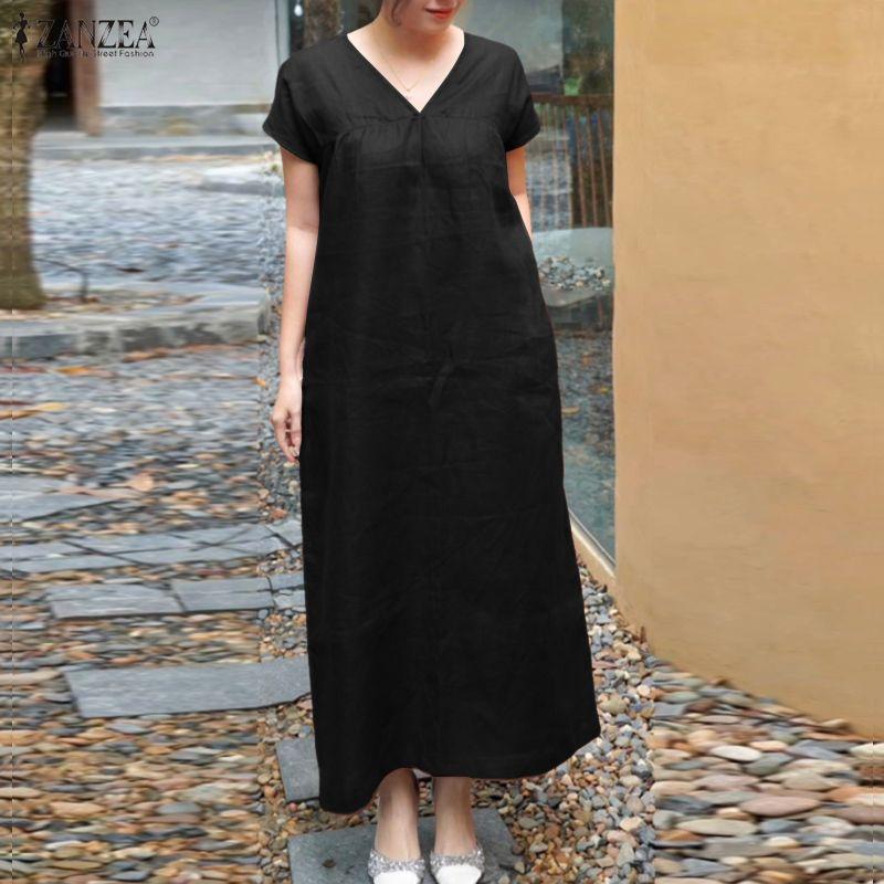 ZANZEA Women Casual V-Neck Solid Color Short Sleeve Long Dress