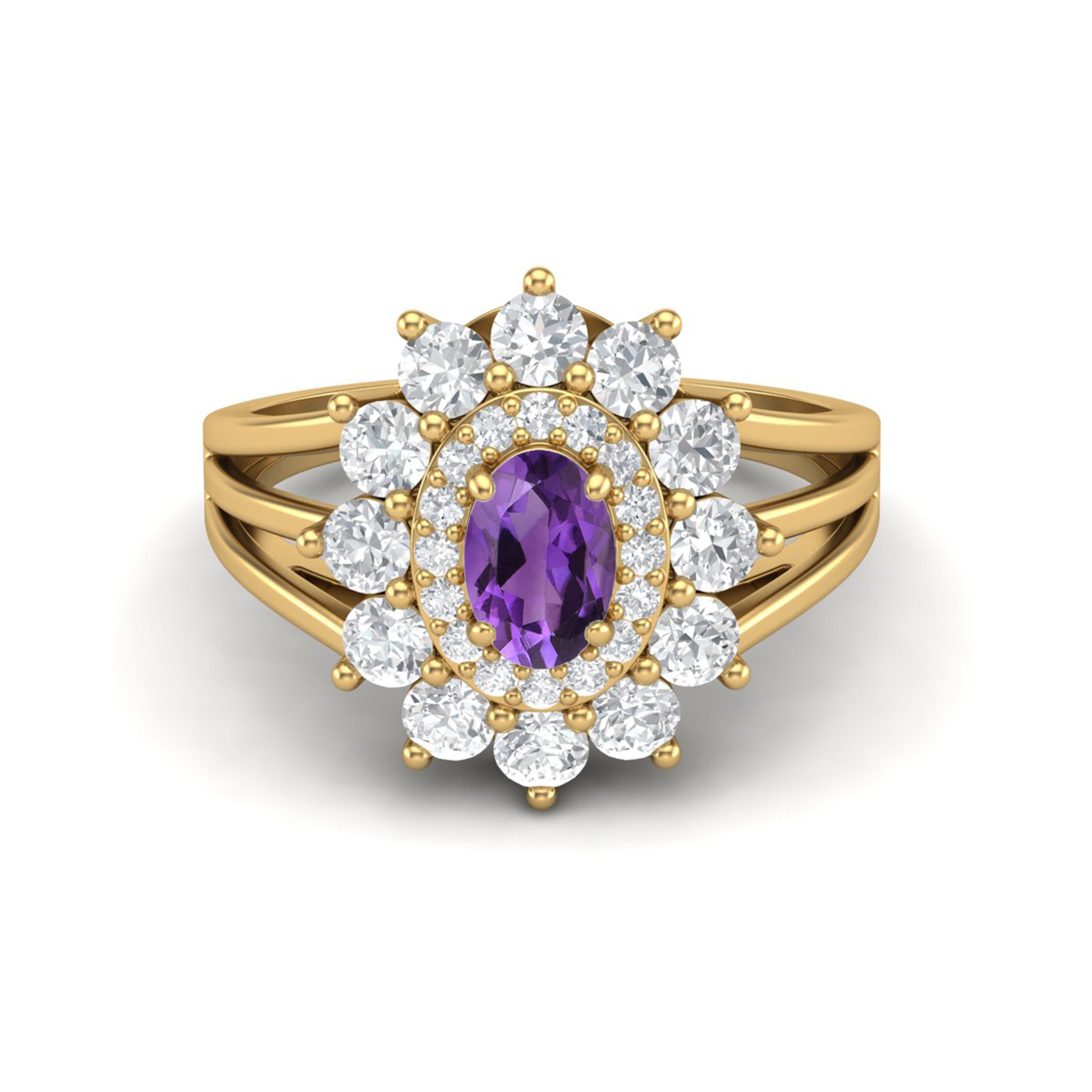 

6X4MM Oval Amethyst Gemstone 925 Sterling Silver Gold Plated Halo Split Shank Ring 7 жовтий