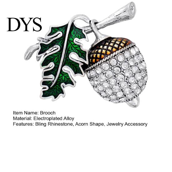Alloy Lapel Pin Bling Rhinestone Acorn Brooch, Green Leaf Decorative Embellished Brooch for Suits Coats Bags, Jewelry Accessory Men Women