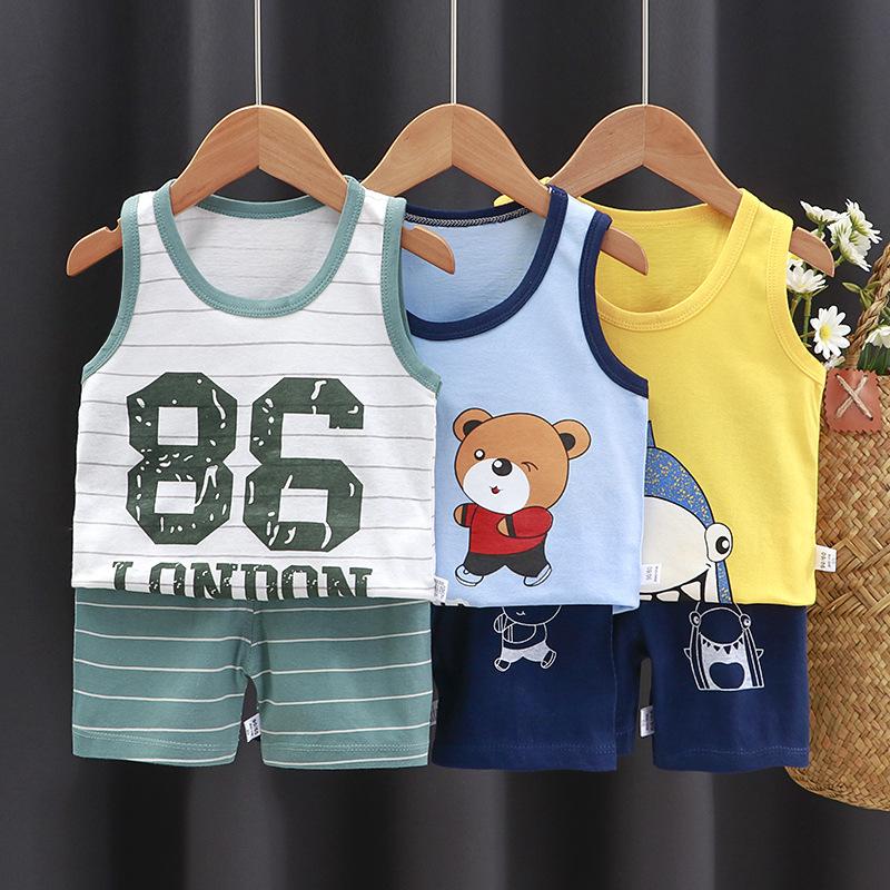 Summer Kids Non Sleeve O Neck Vest Pants Set Casual Baggy 2pcs Suit Cotton Cartoon Printes Outfit