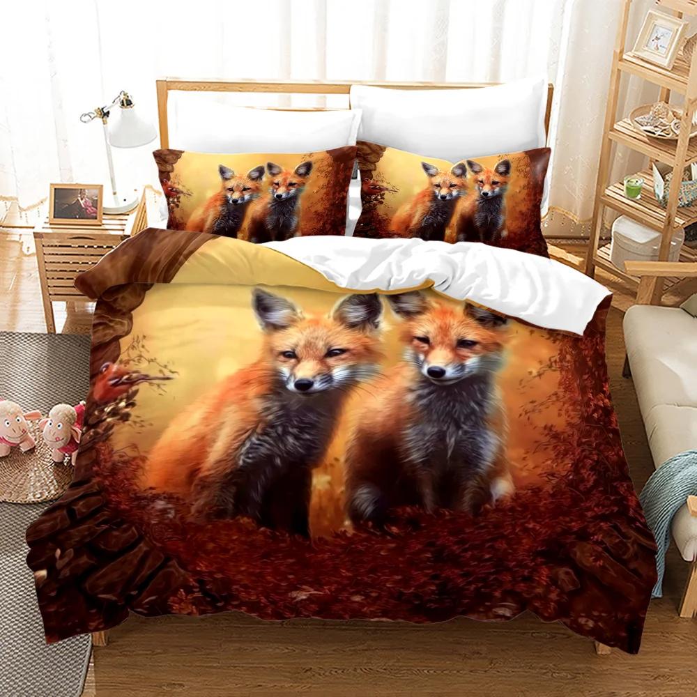 Fox Pattern Duvet Cover Set Queen Bedding Sets For Boy Girl Animal Theme Fox Gifts Polyester Comforter Cover King Twin Full Size