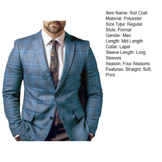 Men Suit Coat Formal Business Style Slim Fit Plaid Print Long Sleeve Single Button Closure Mid Length Straight Cardigan Work Office Coat