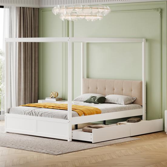 Cama com Dossel 140x200cm com Gavetas Grandes e Cabeceira Macia, Cama de Quatro Postes, Cama de Madeira Branca, Forte Capacidade de Carga