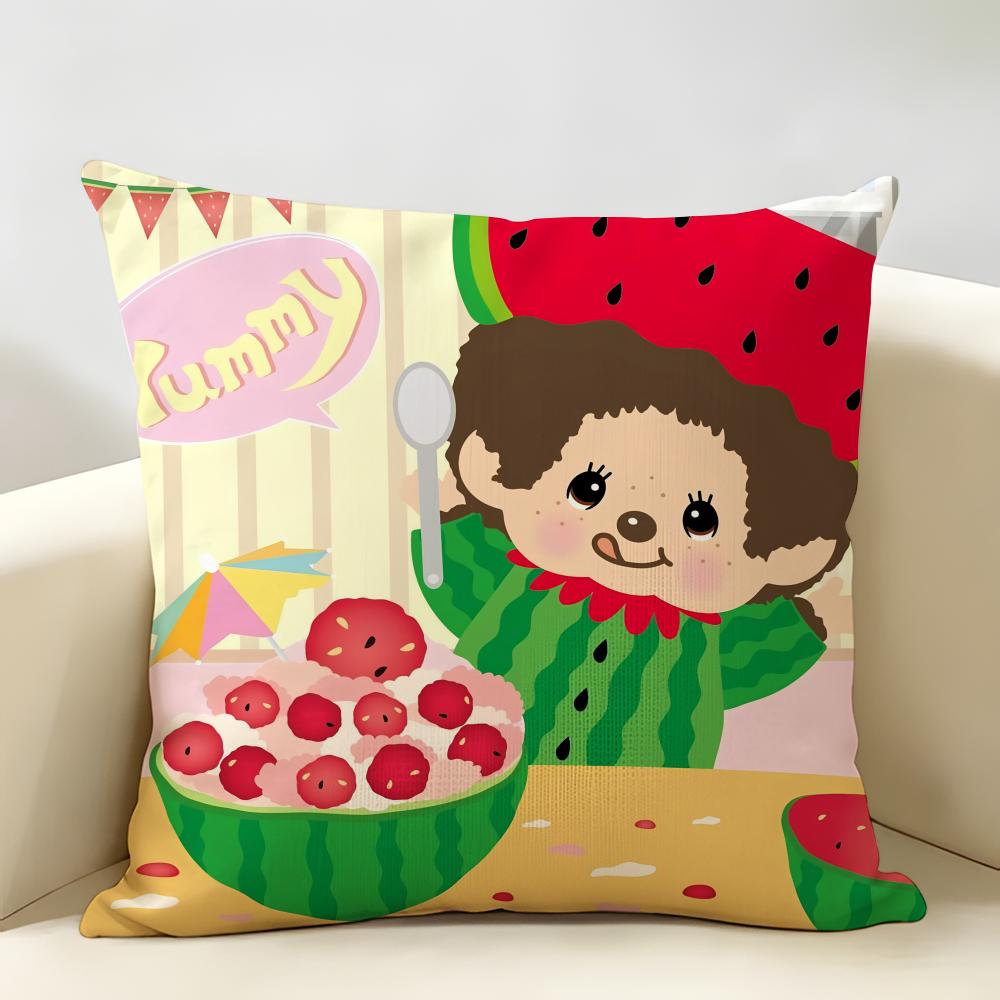 MMonchhichi Cute Cushion Cover Natural Linen Organic Fabric DoubleSided Printing Room Sofa Decor Pillow Case