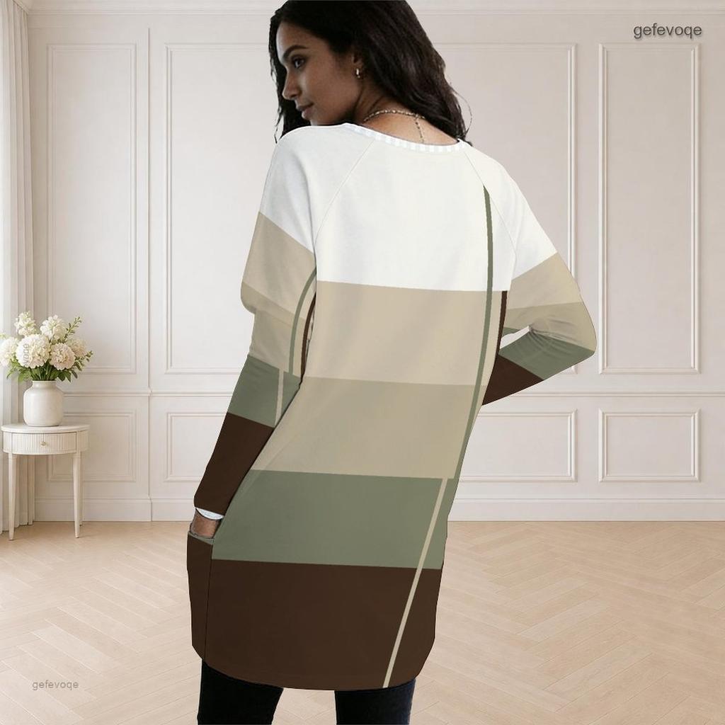 Women Plus Size Round Neck Long Sleeve Abstract Printed Loose Longline Top With Pockets