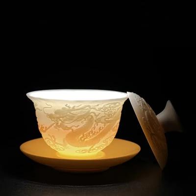 White Porcelain Kung Fu Tea Set White Jade Relief Tureen Ceramic Business Gift Simple Portable Dragon and Phoenix Cups Gaiwan