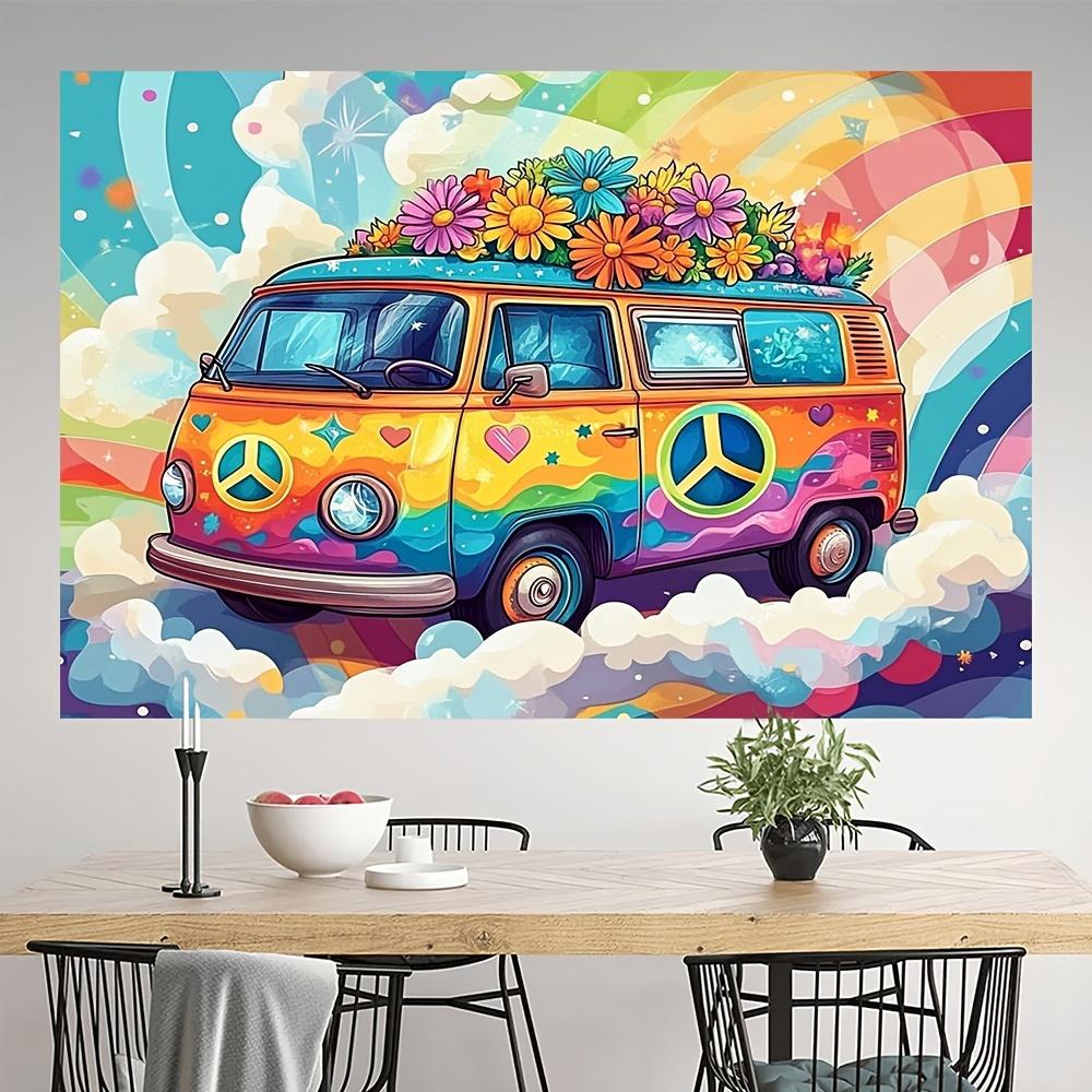Fondo psicodélico de autobús hippie y margaritas retro para fiesta - Decoración multifuncional de tela de poliéster para fiesta de cumpleaños