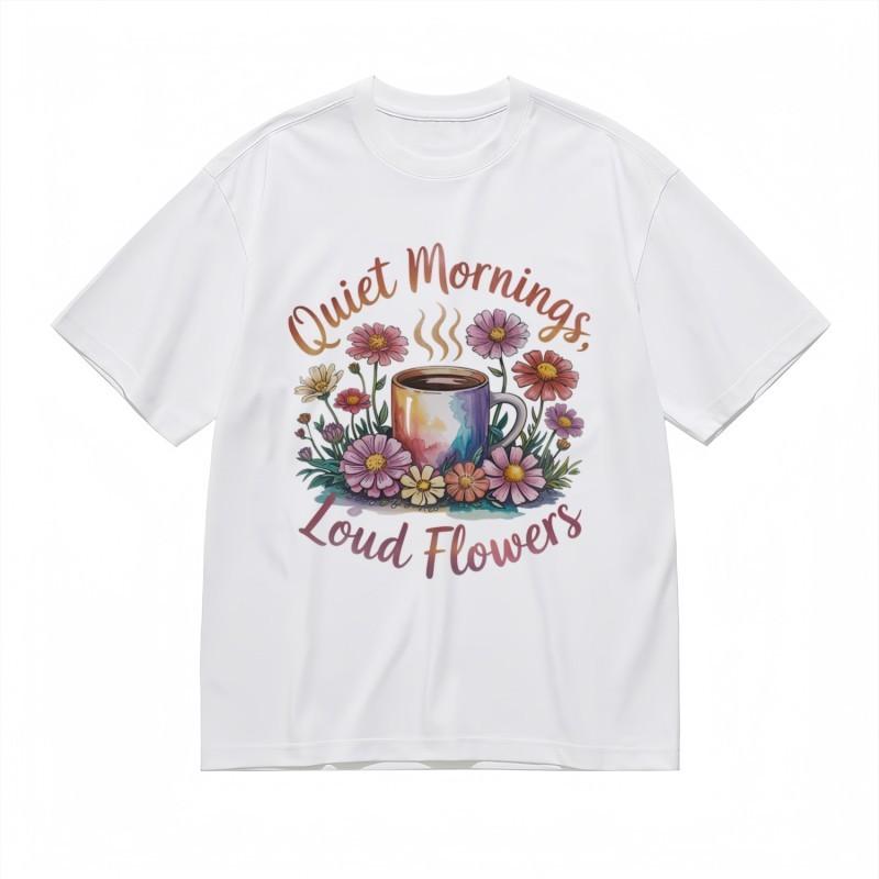 

Women s Oversize Classic T-Shirt Multicolor Blooms With Steaming Cup Graphic Tee S