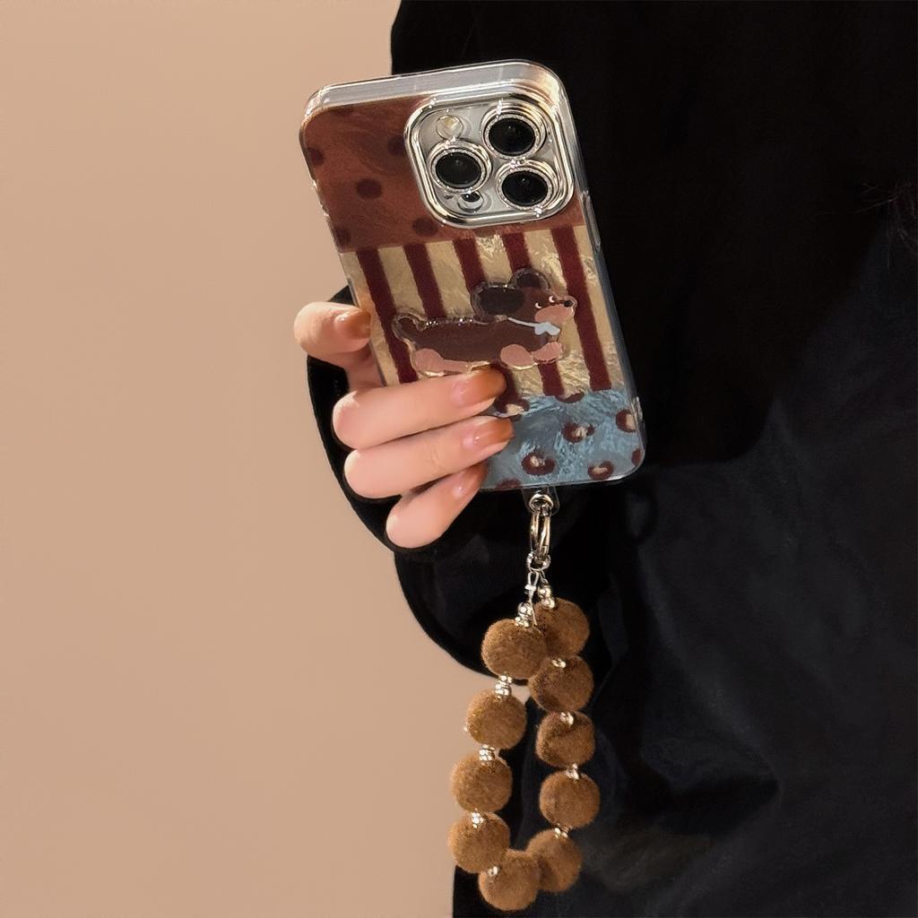Anwendbar auf iPhone16 Handyhülle Apple 17promax gestreift retro Dackel Hund Plüsch Lanyard Herbst und Winter