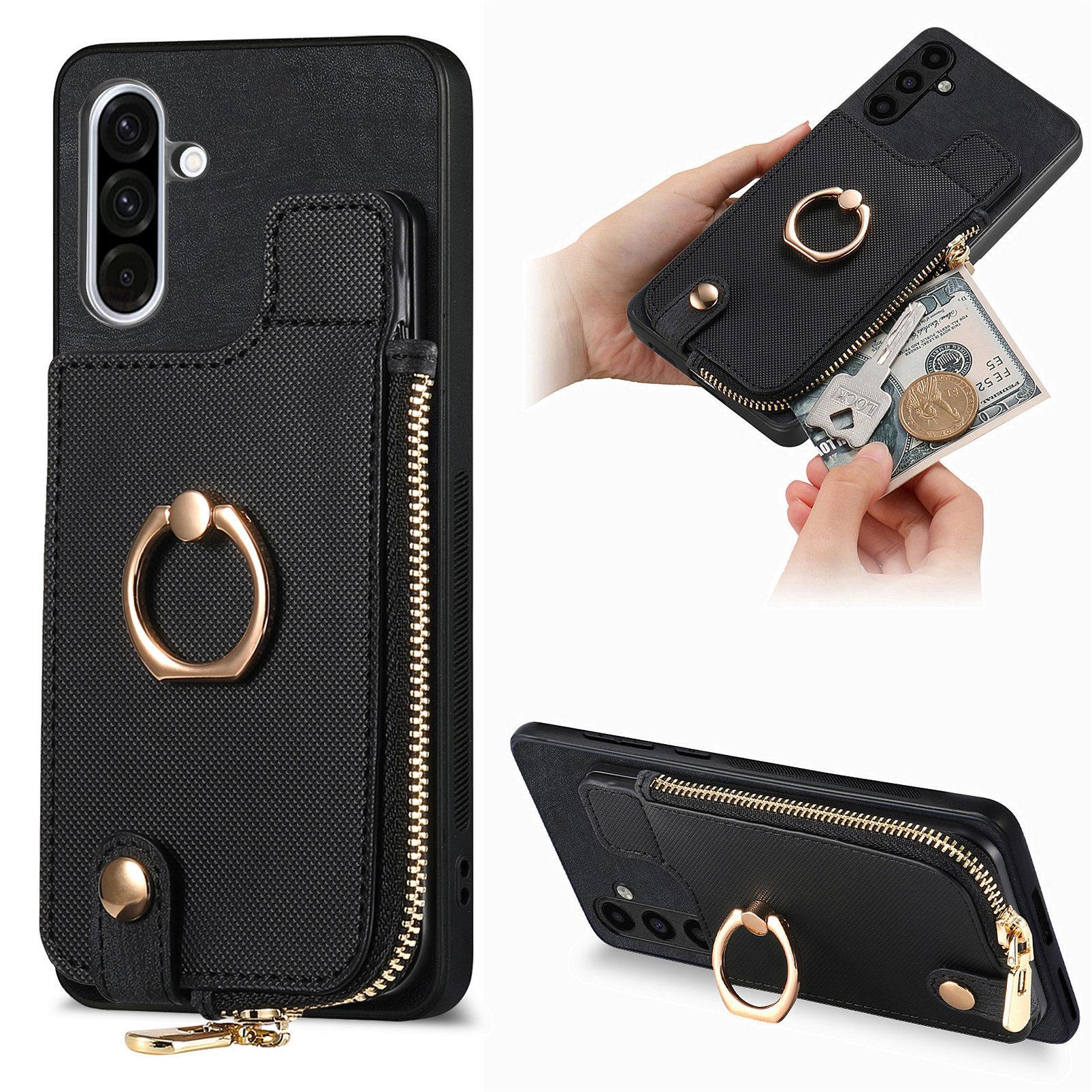 

For Samsung Galaxy A36 5G Leather Phone Back Cover with Zipper Wallet and Ring Kickstand B
