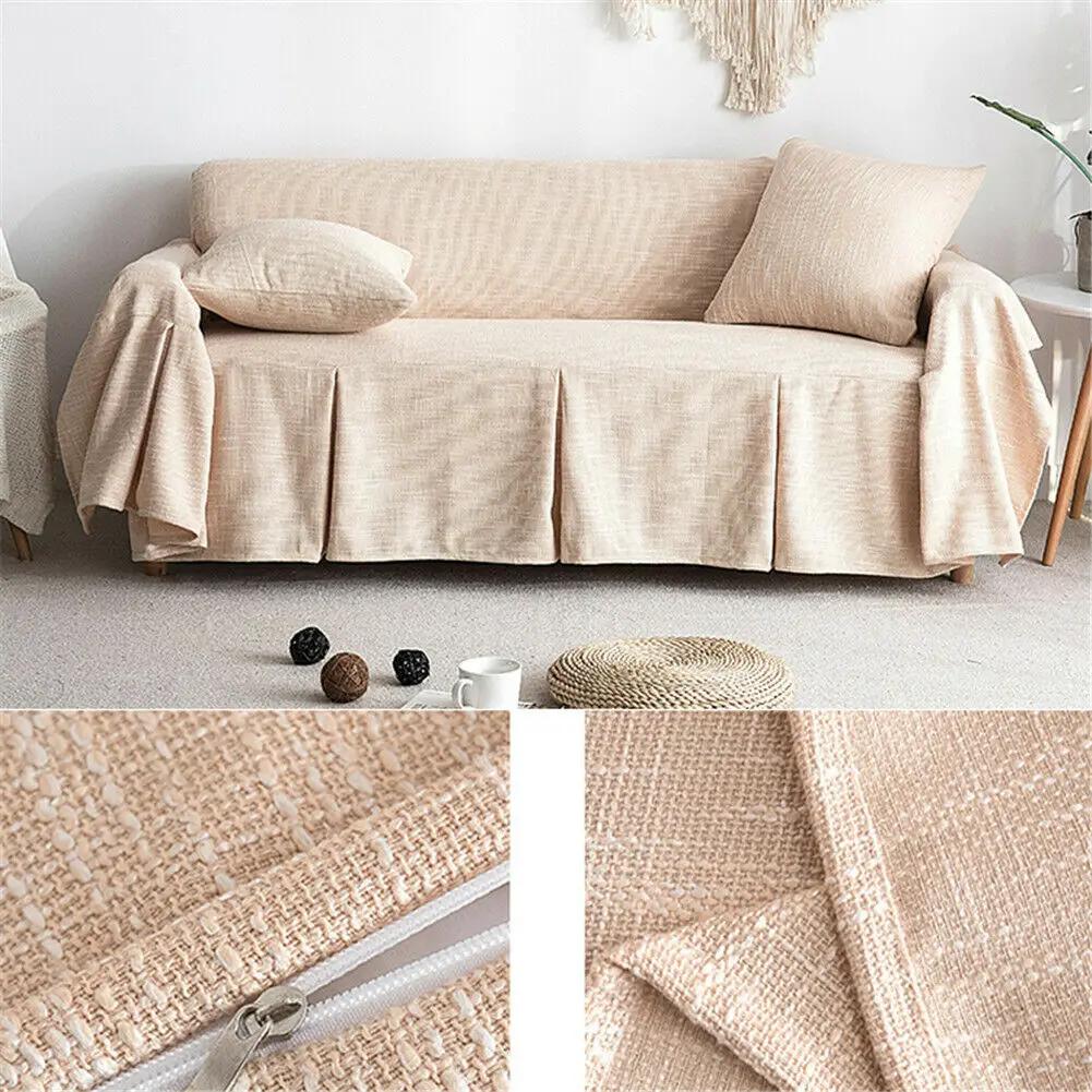 Nordic Style Solid Color Sofa Towel Simple Slipcover for Living Room Sofa Cover with Skirt 1/2/3/4 Seater Four Seasons Universal