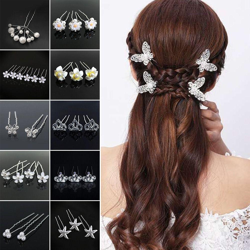 Metal Bridal Hairpin U-shaped Rhinestone Hair Clip Elegant Crystal Flower Hair Fork  Wedding