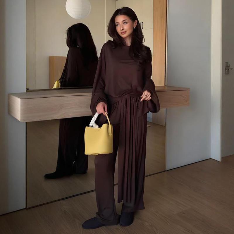 Damen Einfarbiges Langarm-Oberteil zum Binden und Taschen-Geradebein-Hosen-Set