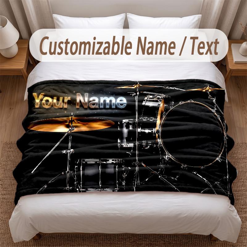 Music Drums Theme Soft Blanket Personalized Custom Name Text Print Warm Blanket Home Sofa Bedroom Decor