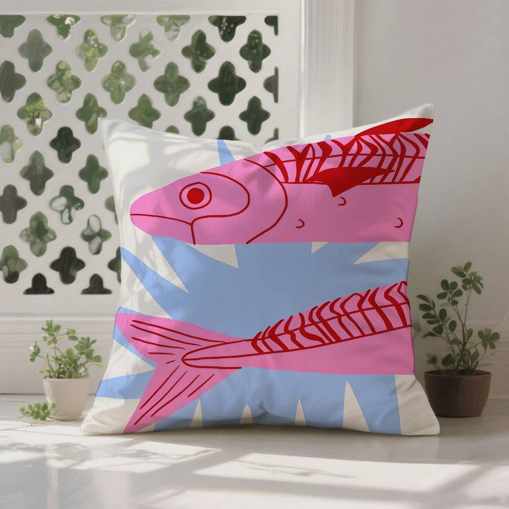 S-Sardines Art Pillow Case Anti-dustmite Pillowcase Invisible Zipper Silky Short Plush Sofa Cushion Cover