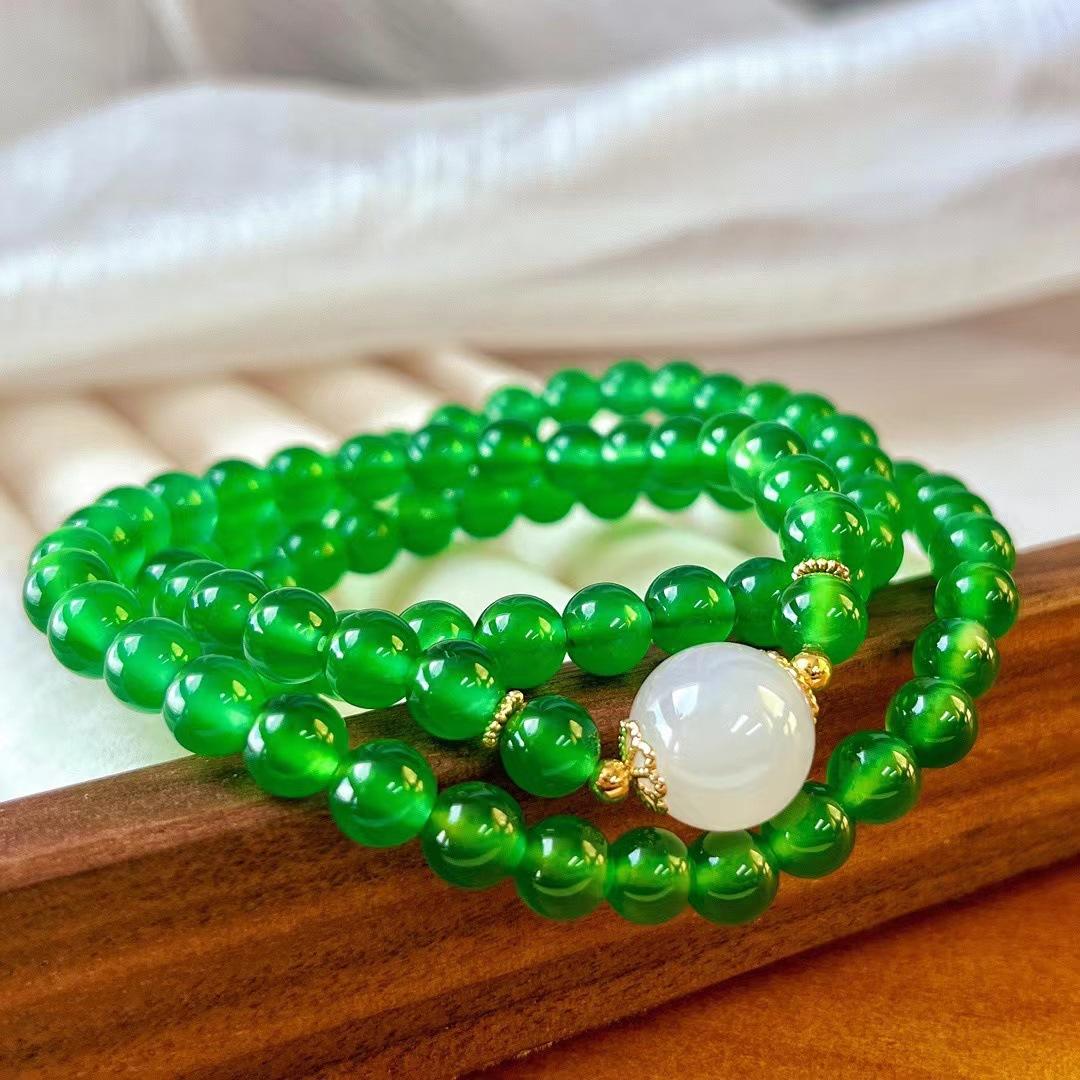 Retro High-Quality Luminous Vitreous Body Ice-Permeable Moisturizing Imperial Green-Green Chalcedony Agate Multi-Circle Bracelet