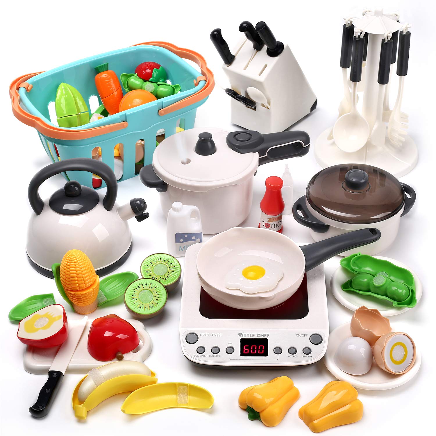 

Cute Stone Pretend Kitchen Toy Set with Storage Educational Realistic Spray Pressure Induction Pretend Luxury Food Pretend Birthday Gift 40-Piece