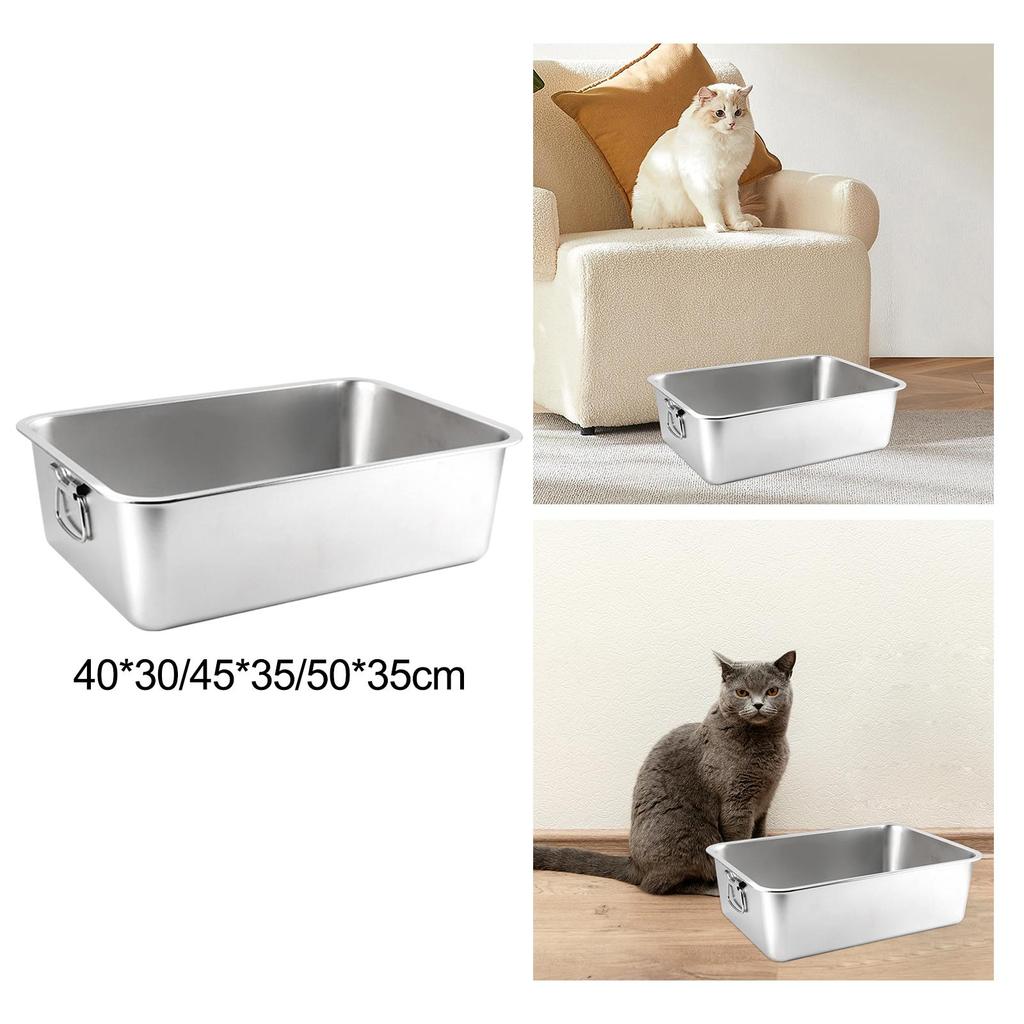Pet Litter Tray Kitten Toilet Stainless Steel with Handles Cat Litter Box