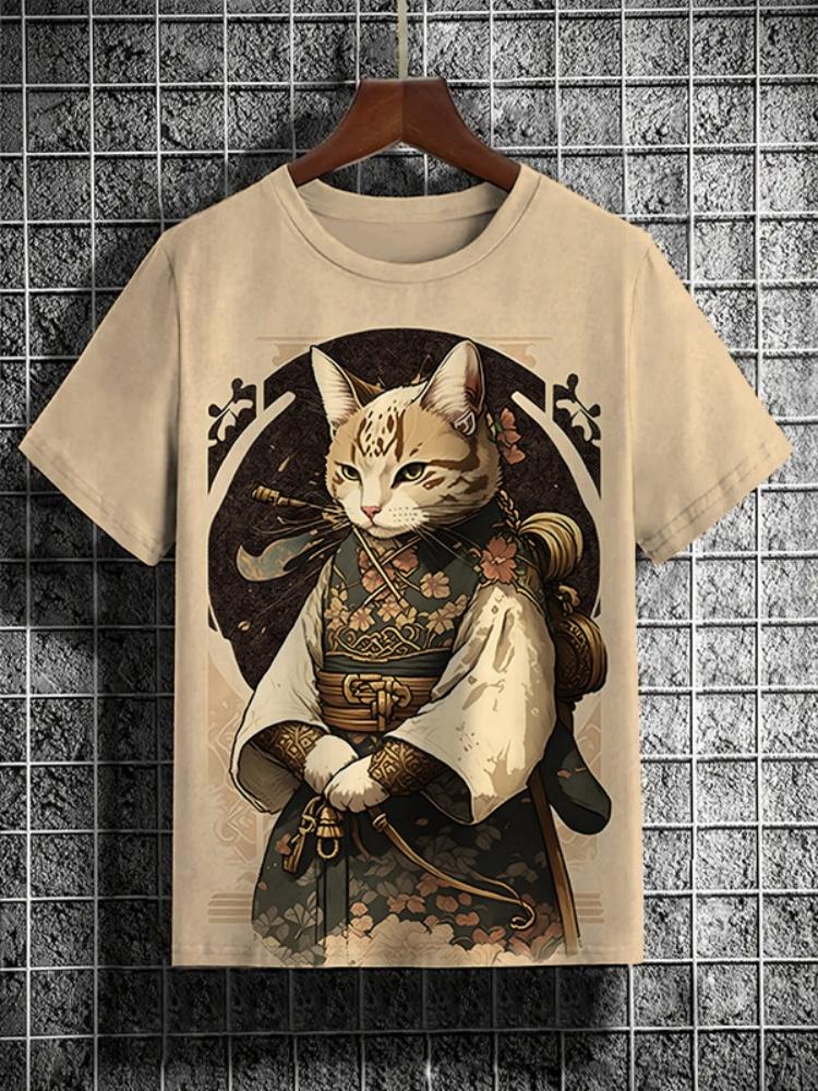 Japanese Ukiyo-e Animal Men's T-shirt with Cute Cat Pattern Print