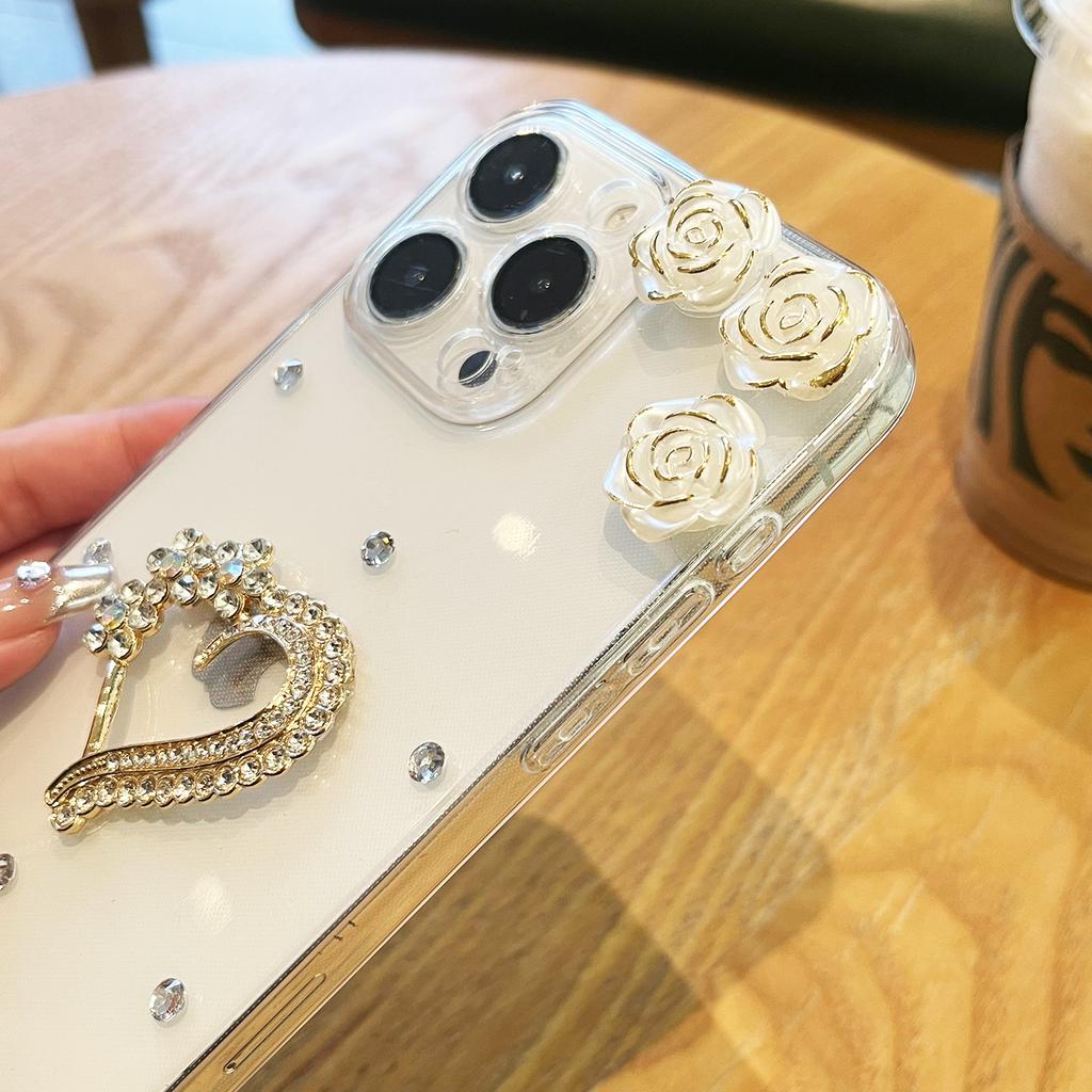For iPhone 16 Pro Max Case Rhinestone Heart Rose Decor Soft TPU Clear Phone Back Cover