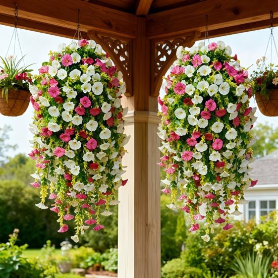 Artificial Flowers for Outdoor, Fake Hanging Morning Glory with Eucalyptus Leaves, UV Resistant Faux Plants Petunias Trailing Vines for Porch, Patio,