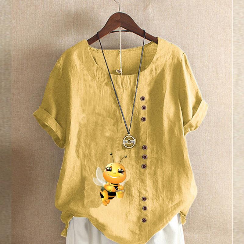 Damenmode T-Shirt mit Honigbienen-Print, Rundhalsausschnitt, kurzärmelig, lässig, Baumwolle, Leinen, Grafik, Freizeit, lockere Sommerbluse