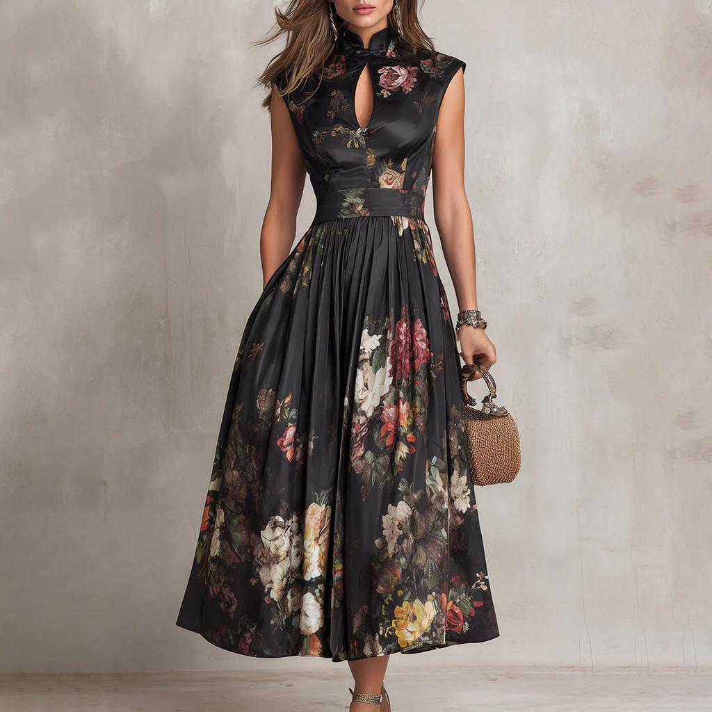 European and American women's clothing, temperament sleeveless digital printing long dress three-dimensional flower slim dress