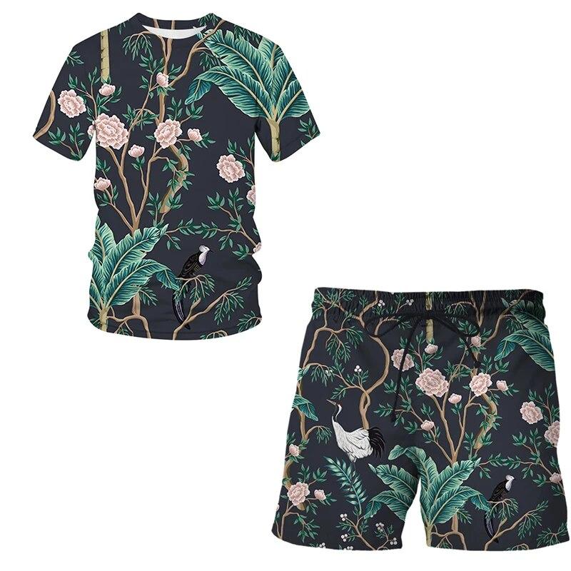 Estetyczny ptak i roślina 3D Print męskie koszulki z okrągłym dekoltem luźna koszulka z krótkim rękawem dwuczęściowy zestaw moda letnia odzież męska
