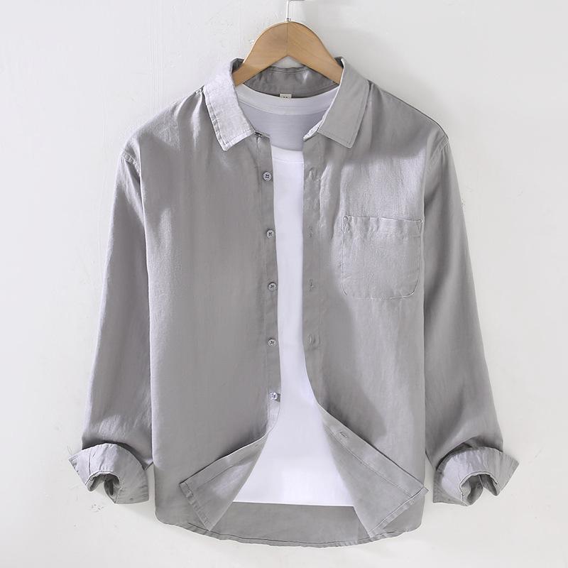 Men's Long Sleeve White Linen Shirt – Breathable, Casual, Korean Style for Spring/Summer