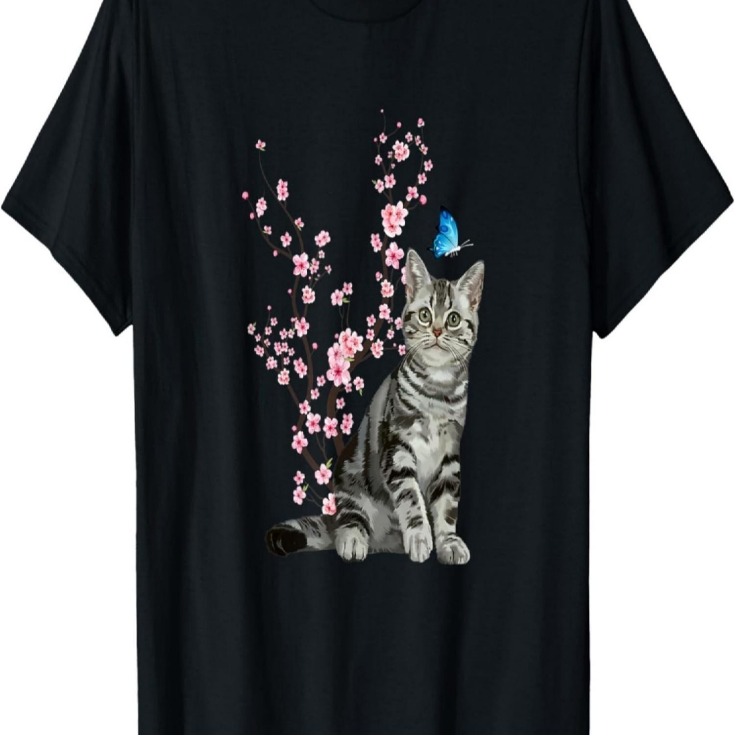 Japan Sakura Cherry Blossom Cat  T-Shirt S чёрный