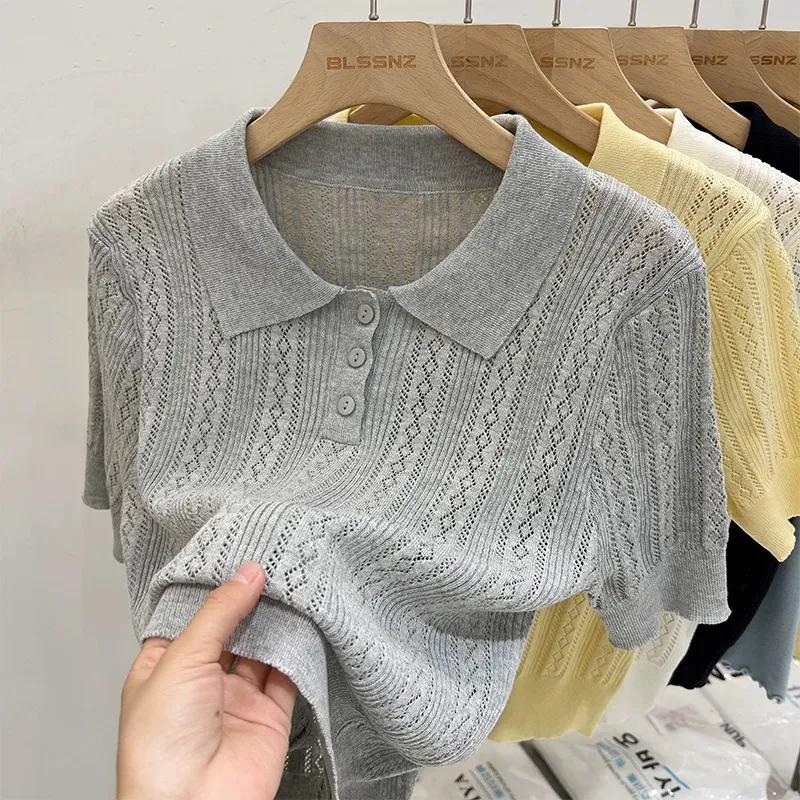 Women's Summer Solid Short-Sleeve Top with Lace-Up Collar Knit Sweater