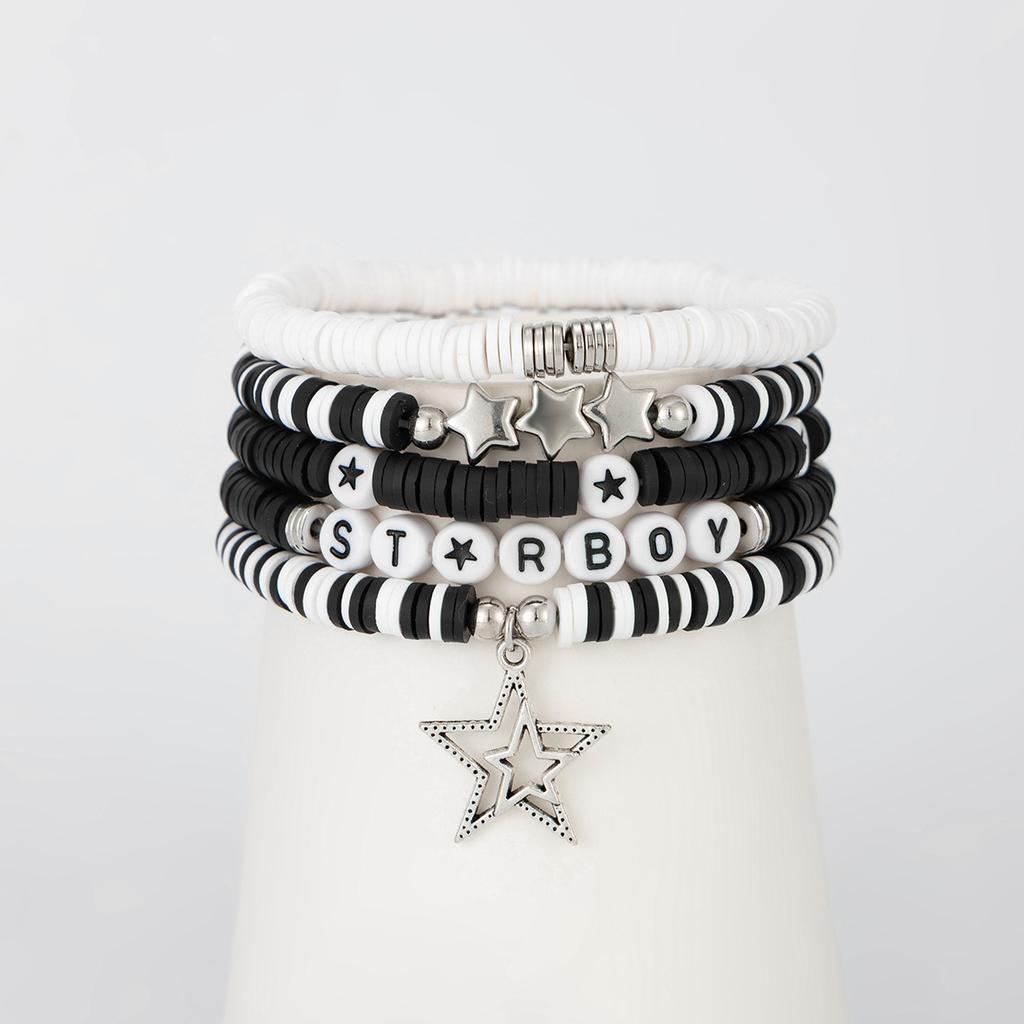 Creative Color-Block Alphabet Clay Stretch Bracelet-Stackable CCB Star Pendant Hand Jewelry Cute Daily Accessory for Fashion Lovers