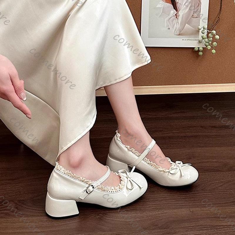 Fashion Comemore Bow Temperament High Heels Ballet Ladies Leather Shoes Retro Lace Edge Thick Middle Heel Pumps Mary Janes for Women