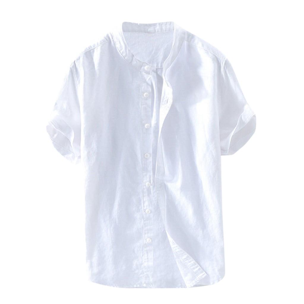 Men's Baggy Cotton Linen Solid Short Sleeve Button Retro T Shirts Tops Blouse