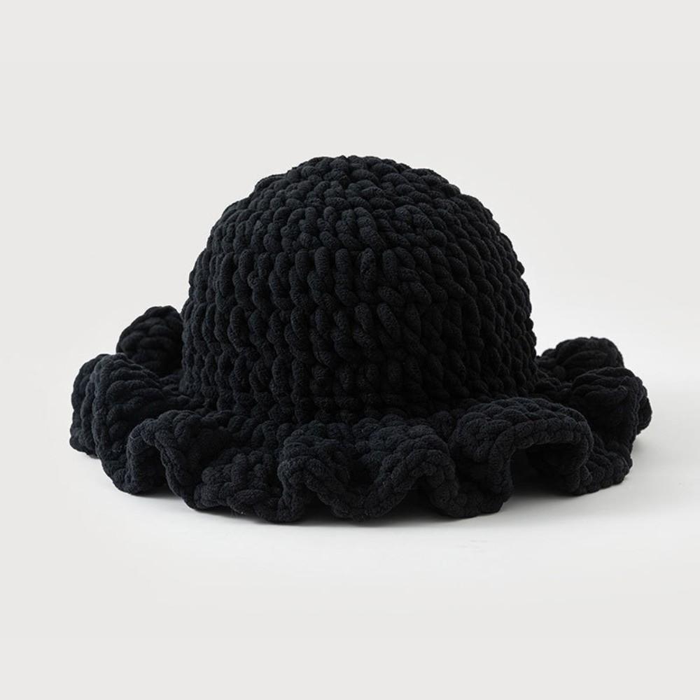 Sweet Ruffled Edge Fisherman Hat Cable Knit Winter Warm Bucket Hat Windproof Knitted Beanie  Women