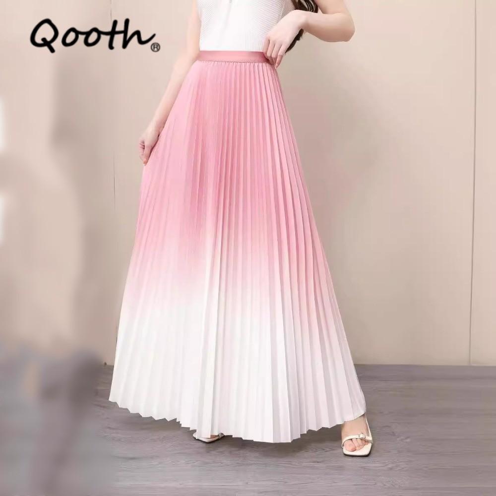 Qooth Elegant Women A Line Gradient color Pleated Skirt Wide Hem Mid Length Elastic Waist Slim Skirt QT2643
