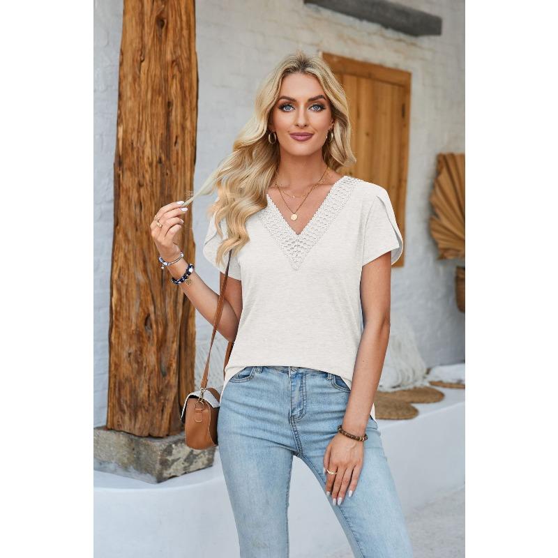 GMXIA Women's Fashion Casual Solid Color Print Short Sleeve V Neck Blouses & Shirts