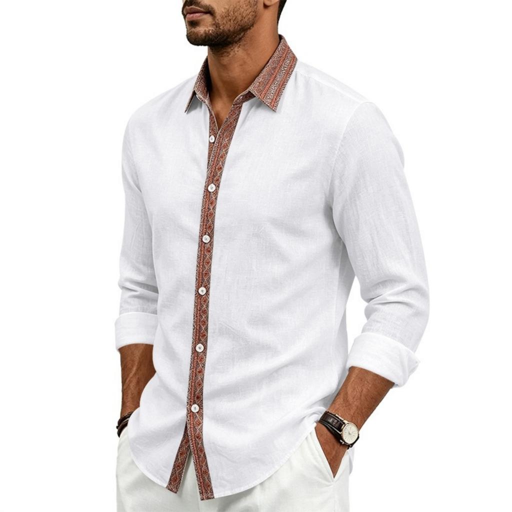 Camicia da uomo a maniche lunghe in lino con abbottonatura e colletto