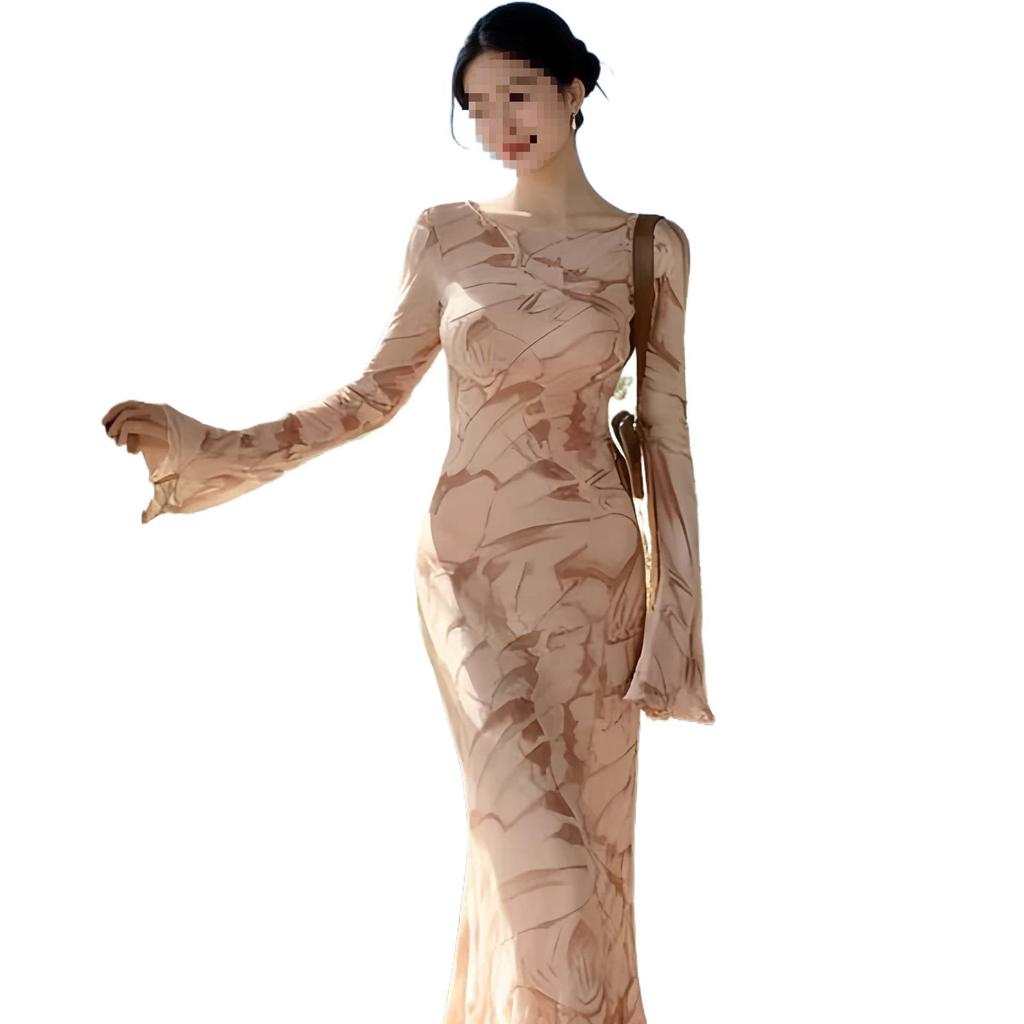 Elegant Autumn Flare Sleeve Maxi Dress: Slim Fit, Cinched Waist, Mermaid Silhouette