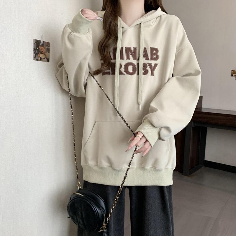 

Ветер реальный кадр сезон тонкий свитер с капюшоном женский новый свободный тяжелая промышленность вышитый буквами топ 2XL абрикосовый