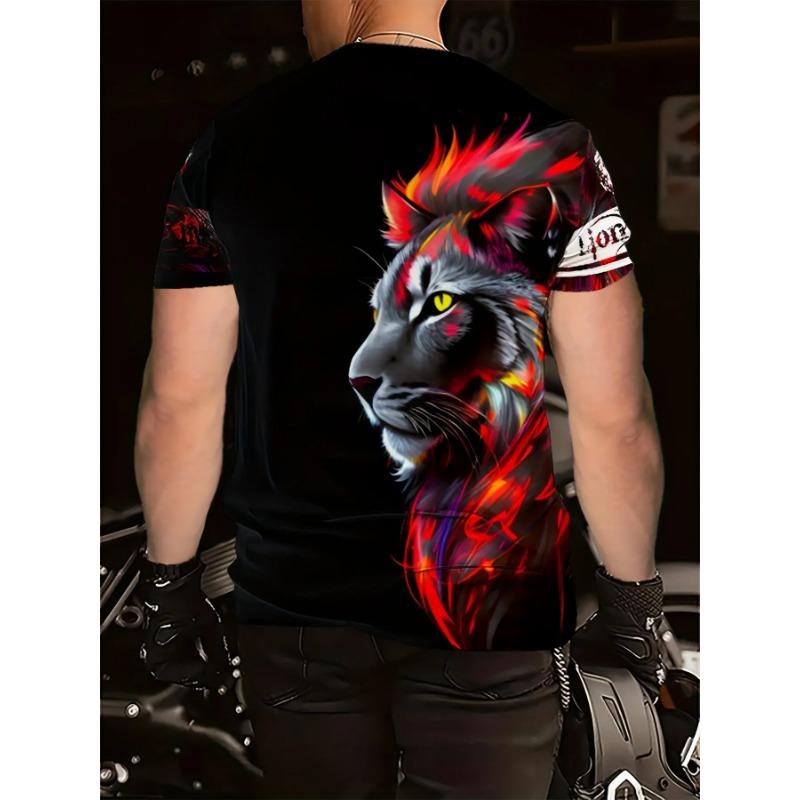 Men's Flame Lion 3D Printed T-Shirt Cool Red Fire Animal King Graphic Tee Vintage Short Sleeve Crewneck Top Hip Hop Style Streetwear Fashion Apparel